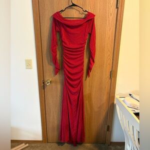 Stunning Red Floor Length Long Sleeve Off the Shoulder Dress